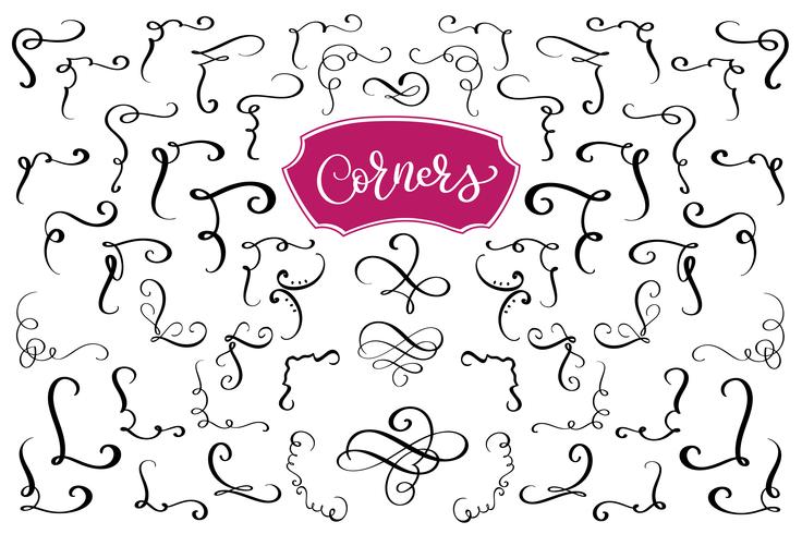 Hand drawn swirl and flourish corners. Calligraphic design elements. Vintage Vector Illustration