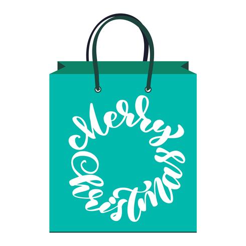 text Merry Christmas hand written calligraphy lettering on the package. handmade vector illustration. Fun brush ink typography for photo overlays, bag, t-shirt print, flyer, poster design