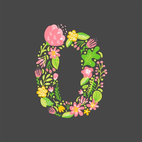 Floral summer Number 0 zero. Flower Capital wedding Alphabet. Colorful font with flowers and leaves. Vector illustration scandinavian style