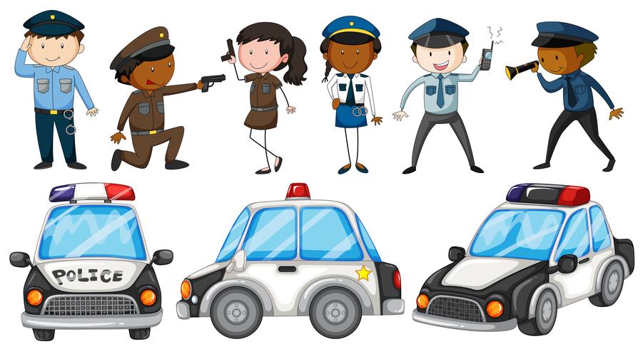 Policías y coches de policía. vector