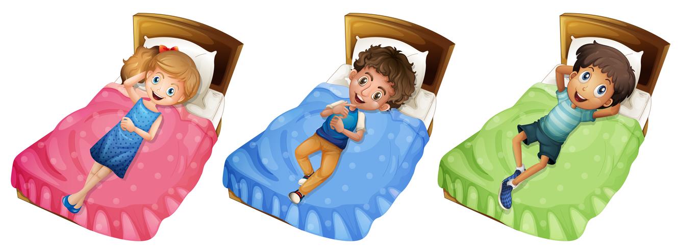 Diferentes niños descansando en la cama. vector