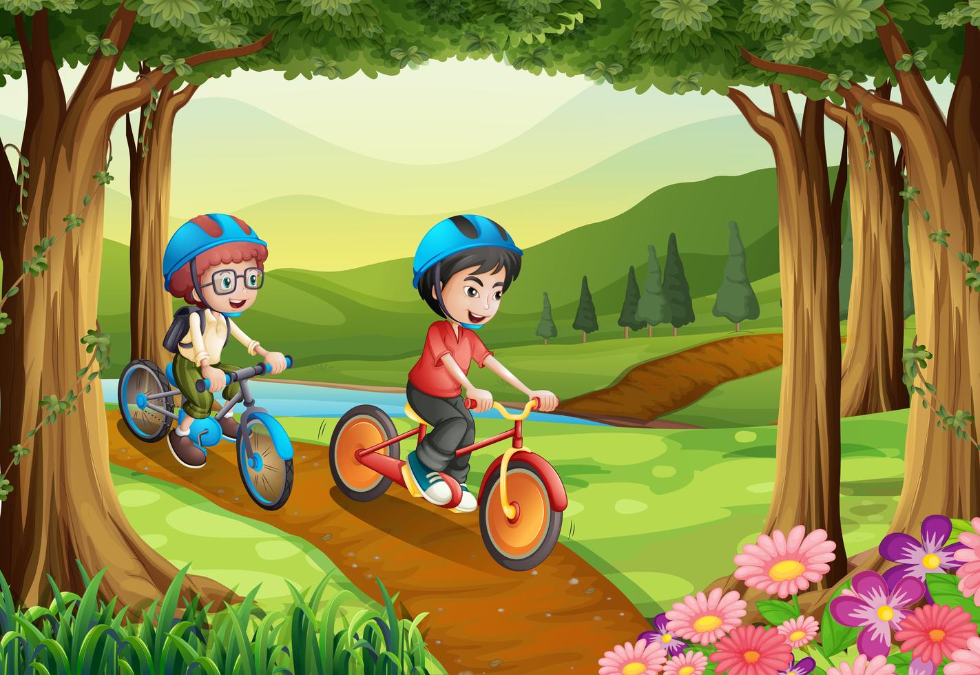 Two Boys Riding Bicycle In The Park 413697 Vector Art At Vecteezy