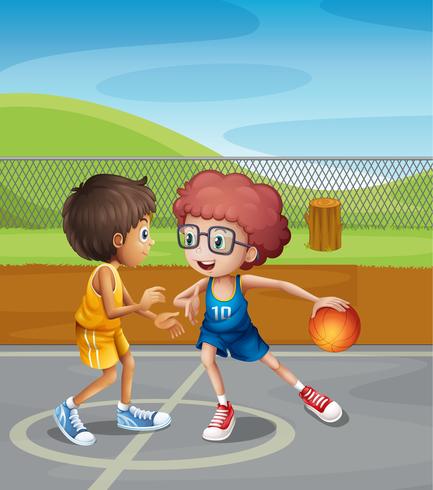 Two boys playing basketball at the court vector