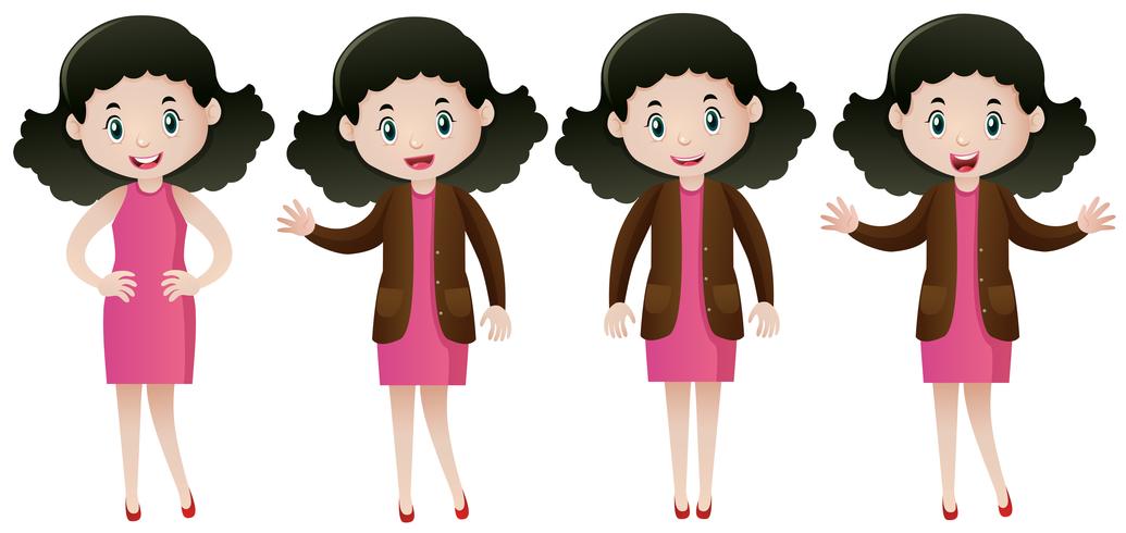 Woman in pink dress doing different actions vector