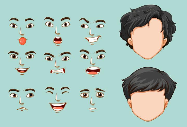 Hombre sin rostro y caras diferentes con emociones. vector