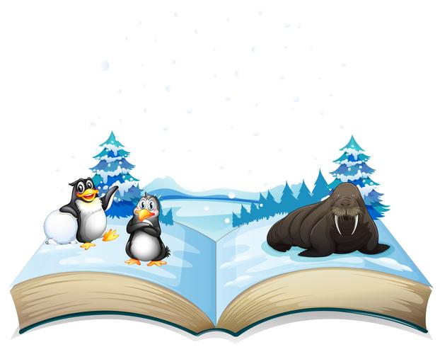 Libro de leones marinos y pingüinos sobre hielo. vector