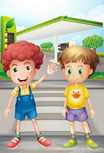 Two little boys near the gasoline station vector