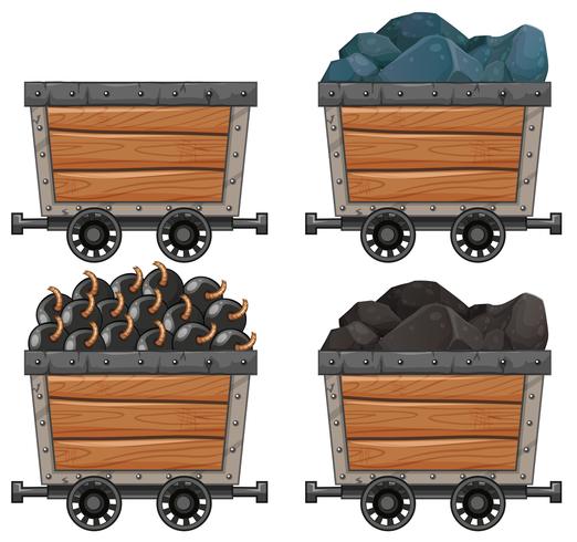 Carros mineros con piedras y bombas. vector