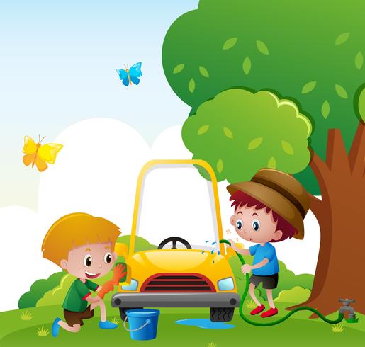 Two boys washing car in the park vector