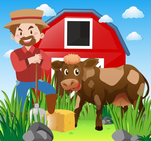 Farmer and cow in farmyard vector