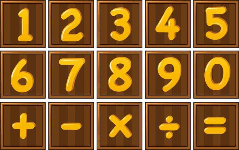 Number one to zero and math signs on wooden boards vector