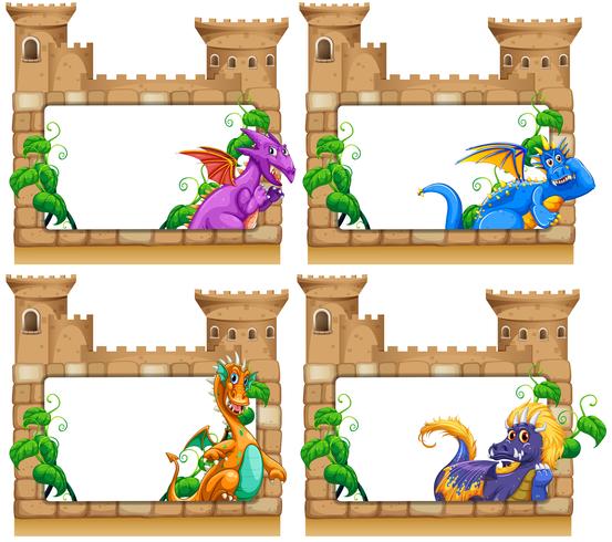 Diseño de cuadros con dragón y castillo. vector