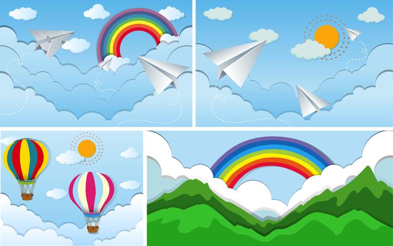 Four sky scenes with rainbow and sun vector