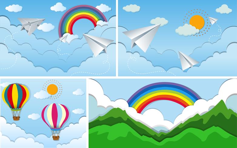 Cuatro escenas de cielo con arco iris y sol. vector