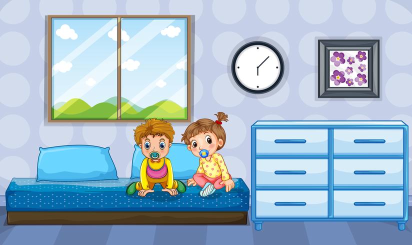 Niño y niña niños pequeños en cama azul vector