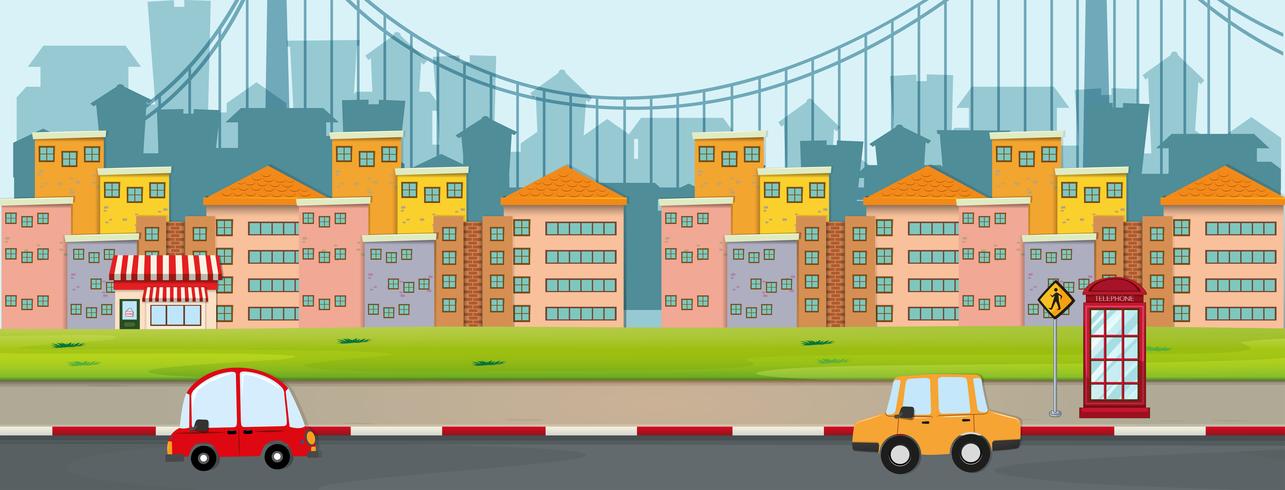 Escena con edificios y coches en carretera. vector