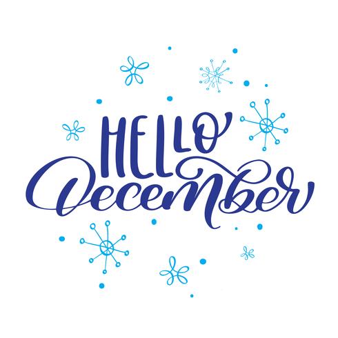 Navidad texto Hola diciembre sobre fondo de copos de nieve. Ilustración vectorial diseño de impresión vector