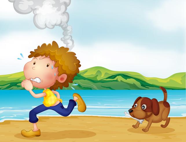 Un niño corriendo con su perro. vector