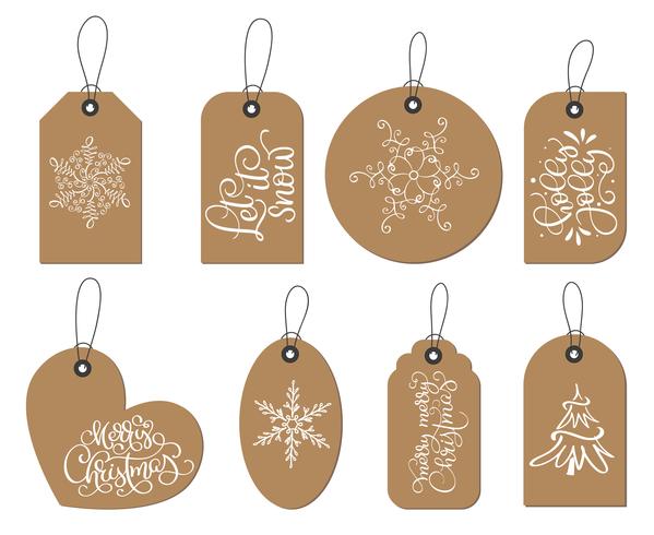 Vector Christmas labels tags collection with snowflakes, fir-tree, text Let is snow, holly jolly, merry christmas. Holiday decoration elements with doodle flourish vintage cartoon characters