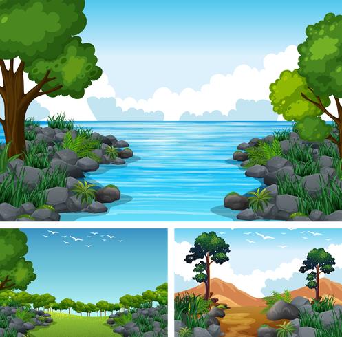 Tres escenas con lago y bosque. vector