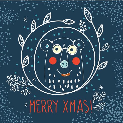 Polar Bear inside a wreath of hand drawn vector