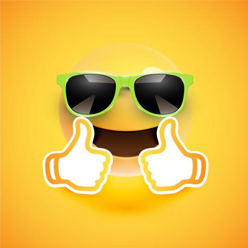 Realistic emoticon with sunglasses and thumbs up, vector illustration