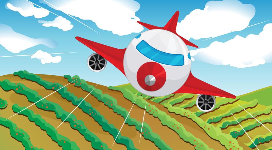 Un avión que vuela y un hermoso paisaje. vector