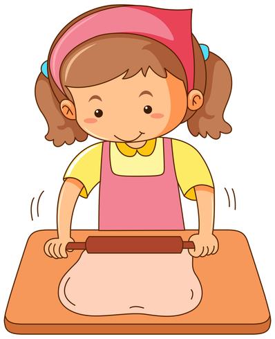 Girl rolling flour dough on wooden board vector