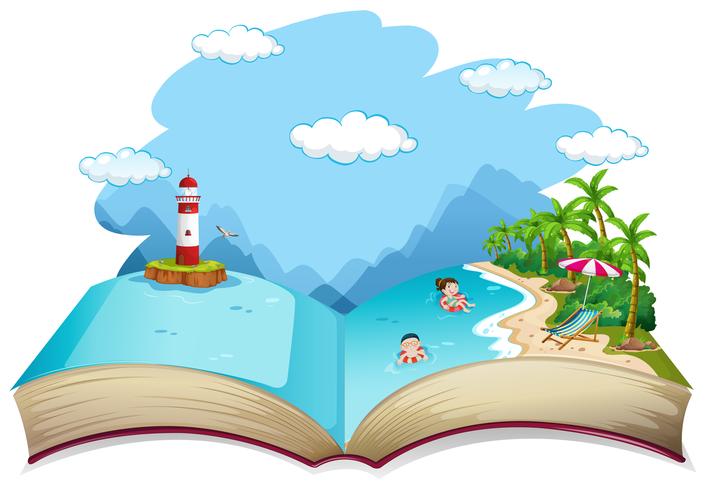 Libro abierto tema de vacaciones en la playa de verano vector