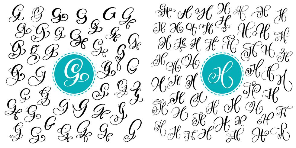 Set letter G and H. Hand drawn vector flourish calligraphy. Script font. Isolated letters written with ink. Handwritten brush style. Hand lettering for logos packaging design poster.