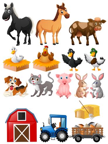 Animales de granja con granero y tractor. vector