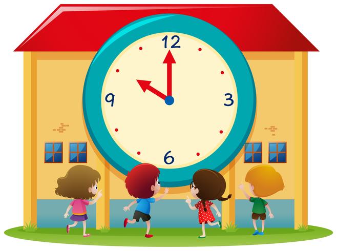 Niños y gran reloj en la escuela. vector