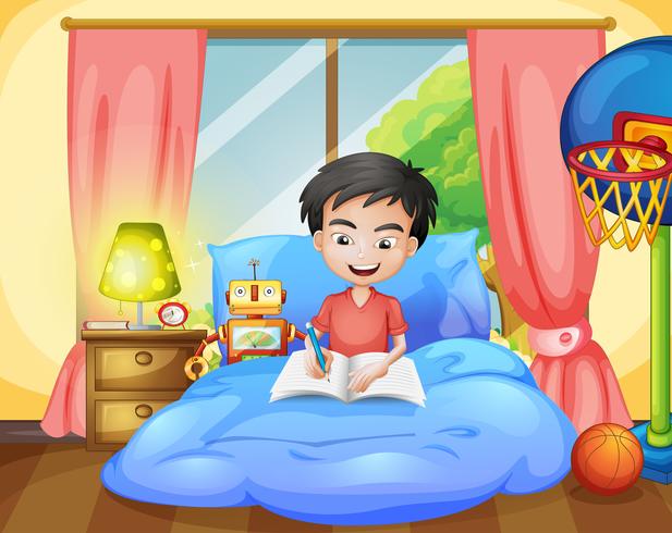 A boy writing on his bed  vector