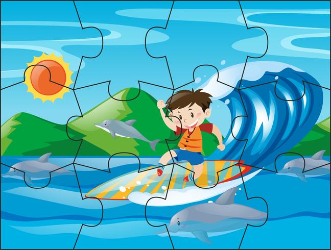 Jigsaw puzzle pieces for boy on surfboard vector