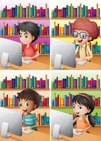 Boys and girl working on computer vector