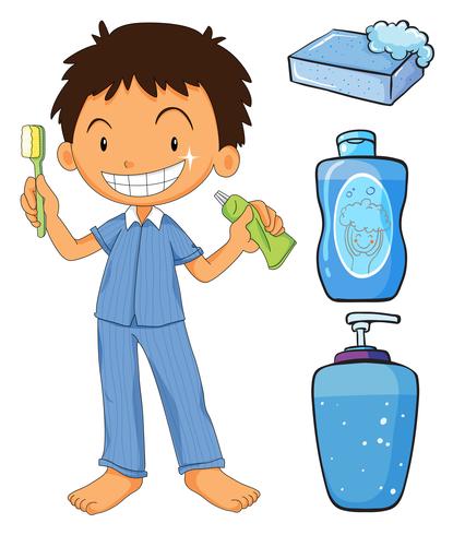 Boy in pajamas brushing teeth vector