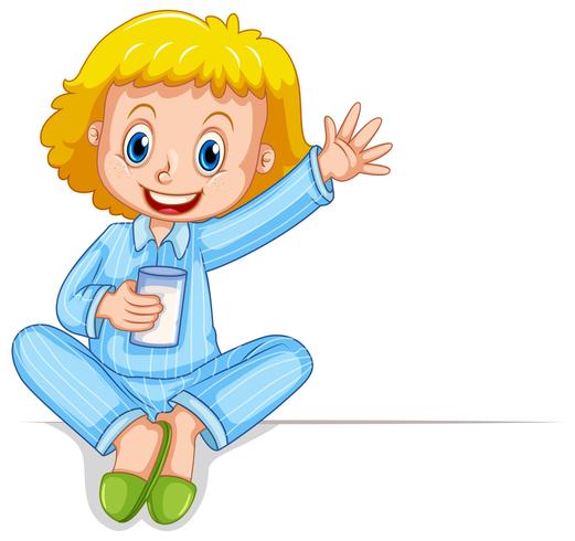 Little girl in pajamas holding glass of milk vector