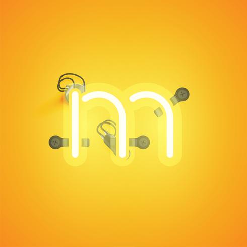 Yellow realistic neon character with wires and console from a fontset, vector illustration