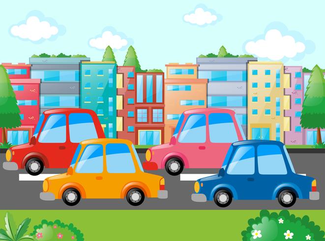 Scene with many cars on road vector