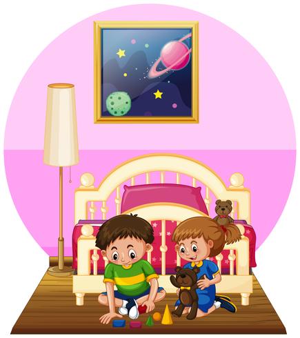 Niño y niña jugando juguetes en el dormitorio vector