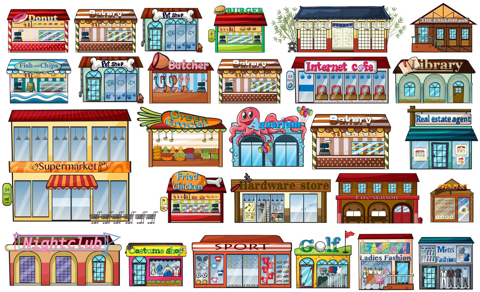 Different shops and buildings 414211 Vector Art at Vecteezy