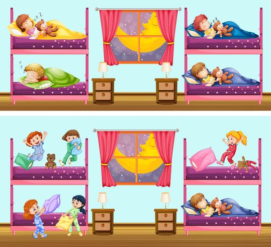 Dos escenas de niños en dormitorios. vector