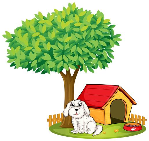 Un cachorro blanco al lado de una caseta debajo de un gran árbol. vector