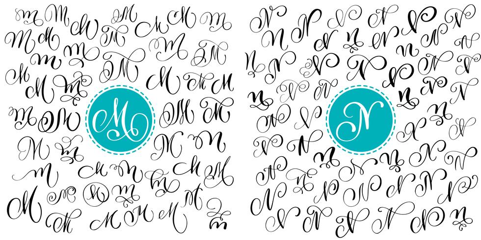 Set letter M, N. Hand drawn vector flourish calligraphy. Script font. Isolated letters written with ink. Handwritten brush style. Hand lettering for logos packaging design poster