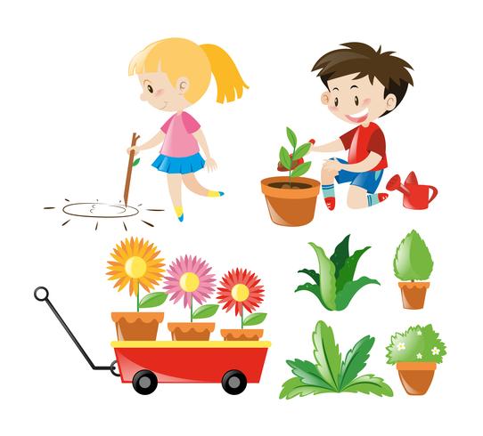 Chico y chica con diferentes plantas vector