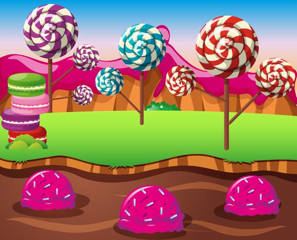 Escena con campo de lolipops y rio helado vector