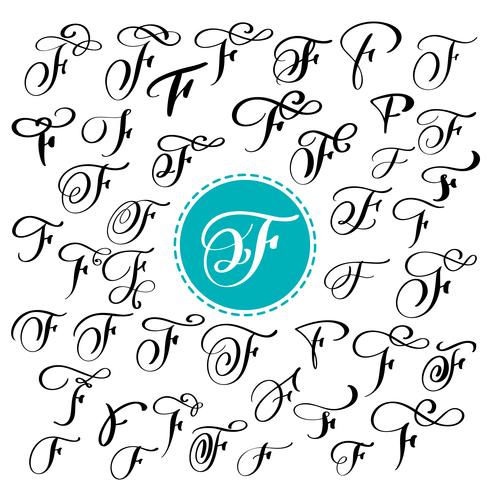 Set of Hand drawn vector calligraphy letter F. Script font. Isolated letters written with ink. Handwritten brush style. Hand lettering for logos packaging design poster. Typographic set on white background