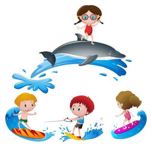 Niños surfeando en el océano vector