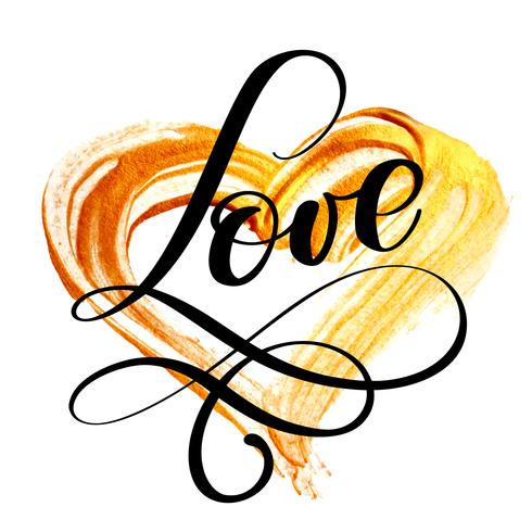 text LOVE calligraphy flourish on a background of a golden heart. Happy Valentines day card Font Type. Fun brush ink typography for photo overlays t-shirt print flyer poster design vector