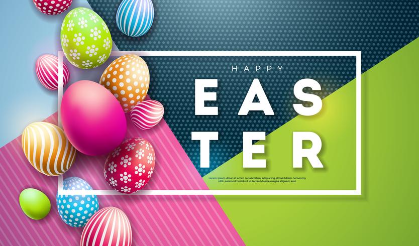 Vector Illustration of Happy Easter Holiday with Painted Egg on Colorful Background.